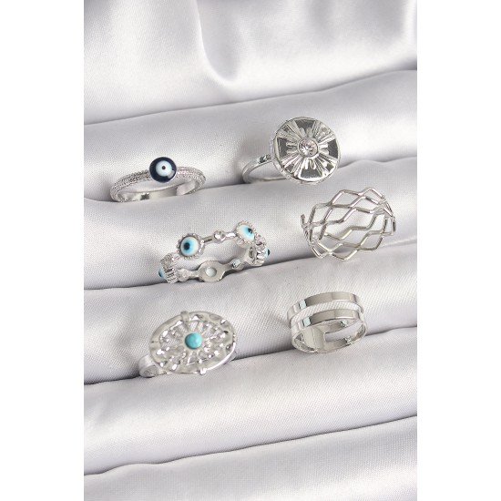 Pirinç Gümüş Renk Nazar Boncuk Zirkon Taş Detaylı Dalga Figür Kadın Yüzük Kombini