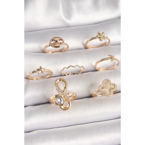 Pirinç Gold Renk Zirkon Taşlı Sonsuzluk Figür Yıldız Detay Kadın Yüzük Kombini