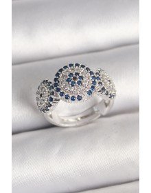 Pirinç Gümüş Renk Zirkon Taşlı Nazar Boncuk Model Ayarlanabilir Kadın Yüzük