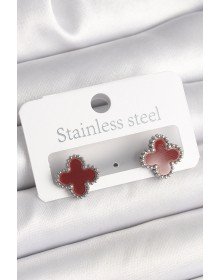 Pirinç Gümüş Renk Bordo Yonca Model Kadın Küpe