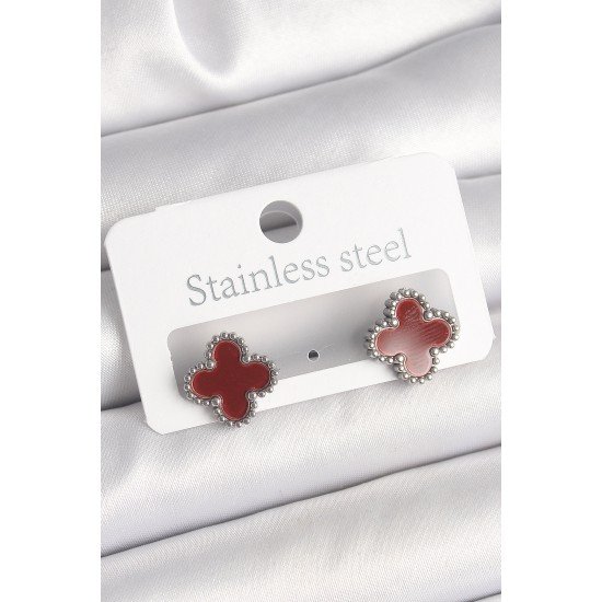 Pirinç Gümüş Renk Bordo Yonca Model Kadın Küpe