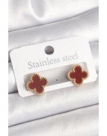 Pirinç Gold Renk Bordo Yonca Model Kadın Küpe