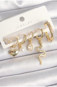 Pirinç Gold Renk Sallantı Yılan Model Zirkon Taşlı Halka Kilit Kalp Detay Kadın Küpe Seti Pirinç Gold Renk Sallantı Yılan Model Zirkon Taşlı Halka Kilit Kalp Detay Kadın Küpe Seti