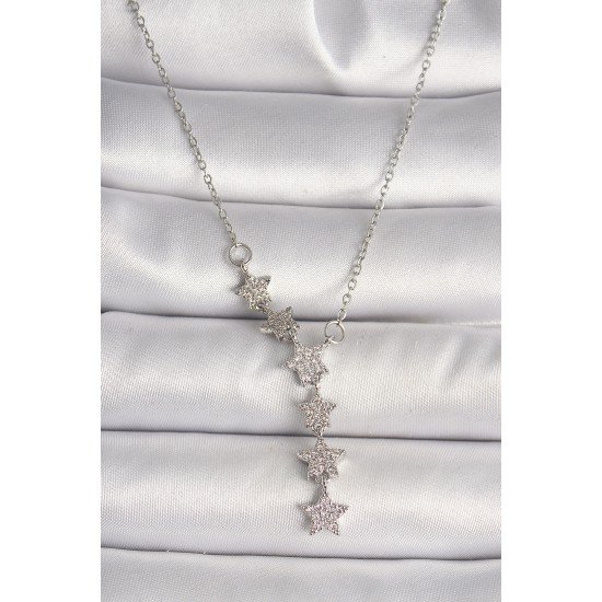 316L Çelik Gümüş Renk Zincir Zirkon Taşlı Yıldız Model Kadın Kolye