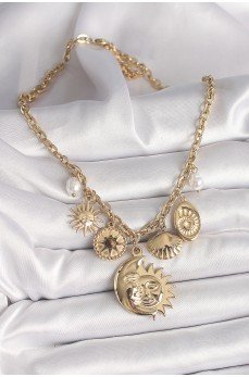 316L Çelik Gold Renk Ay Güneş Figür Deniz Kabuğu Detay Kadın Kolye