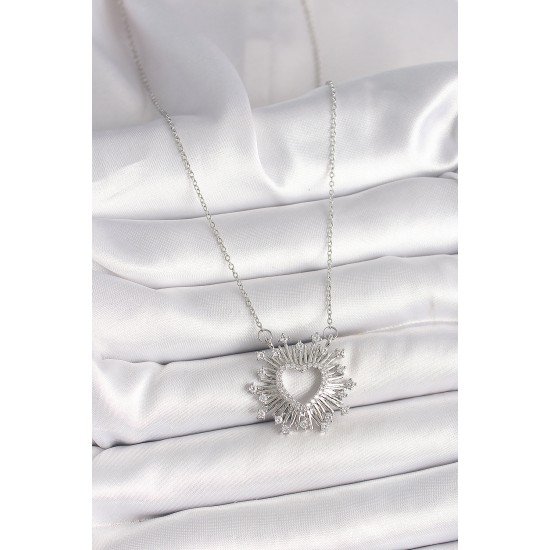 316L Çelik Gümüş Renk Zirkon Taşlı Kalp Model Kadın Kolye