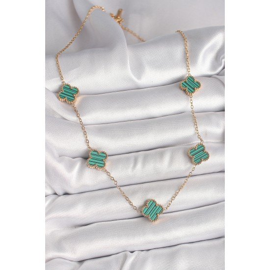 316L Çelik Gold Renk Zincir Yeşil Yonca Model Kadın Kolye