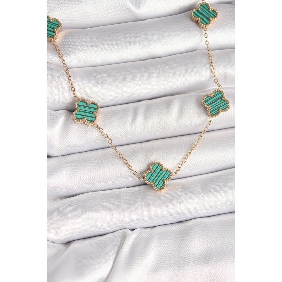 316L Çelik Gold Renk Zincir Yeşil Yonca Model Kadın Kolye