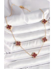 316L Çelik Gold Renk Zincir Bordo Yonca Model Kadın Kolye