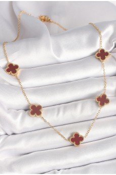 316L Çelik Gold Renk Zincir Bordo Yonca Model Kadın Kolye
