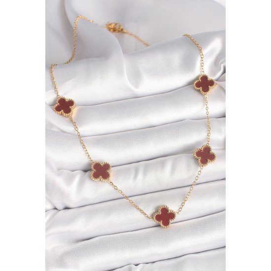 316L Çelik Gold Renk Zincir Bordo Yonca Model Kadın Kolye