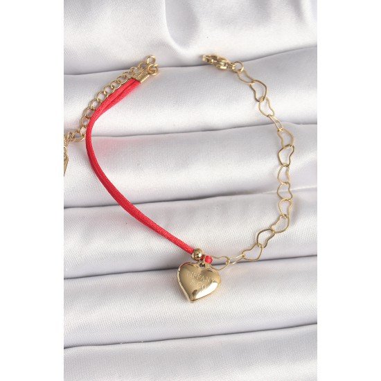 316L Çelik Gold Renk Zincir Kırmızı İp Model Sallantı Kalp Figür İşleme Detaylı Kadın Bileklik