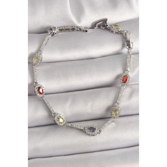 Pirinç Gümüş Renk Renkli Zirkon Taşlı Damla Taş Model Kadın Bileklik