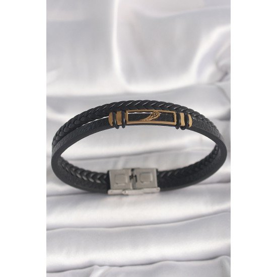 316L Çelik Gold Renk Kanat Aksesuarlı Siyah Burgu Model Deri Kordon Erkek Bileklik 316L Çelik Gold Renk Kanat Aksesuarlı Siyah Burgu Model Deri Kordon Erkek Bileklik