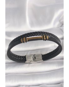 316L Çelik Gold Renk ZikZak İşlemeli Aksesuarlı Çift Sıra Burgu Desenli Deri Kordon Erkek Bileklik