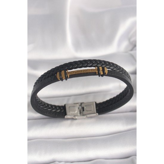 316L Çelik Gold Renk ZikZak İşlemeli Aksesuarlı Çift Sıra Burgu Desenli Deri Kordon Erkek Bileklik 316L Çelik Gold Renk ZikZak İşlemeli Aksesuarlı Çift Sıra Burgu Desenli Deri Kordon Erkek Bileklik