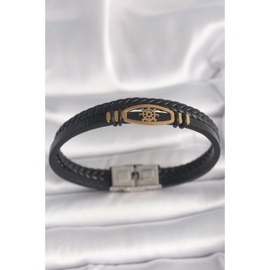 316L Çelik Gold Renk Gemi Dümen Figür Siyah Renk Çift Sıra Burgu Desenli Deri Kordon Erkek Bileklik 316L Çelik Gold Renk Gemi Dümen Figür Siyah Renk Çift Sıra Burgu Desenli Deri Kordon Erkek Bileklik
