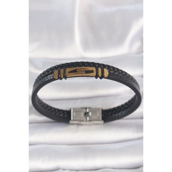 316L Çelik Gold Renk Aksesuarlı Çift Sıra Siyah Burgu Desenli Deri Kordon Erkek Bileklik 316L Çelik Gold Renk Aksesuarlı Çift Sıra Siyah Burgu Desenli Deri Kordon Erkek Bileklik