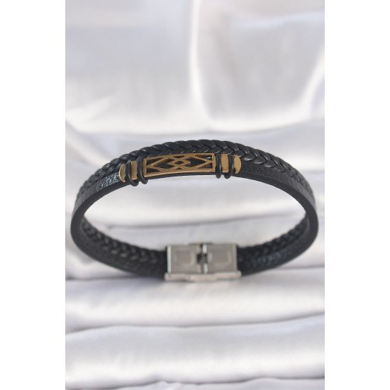 316L Çelik Gold Renk Aksesuarlı Çift Sıra Siyah Burgu Desenli Deri Kordon Erkek Bileklik 316L Çelik Gold Renk Aksesuarlı Çift Sıra Siyah Burgu Desenli Deri Kordon Erkek Bileklik