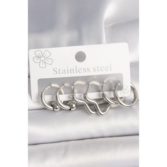 316L Çelik Gümüş Renk Halka Yıldız Model Kadın Küpe Seti