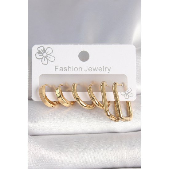 316L Çelik Gold Renk Kare Halka Model Kadın Küpe Seti