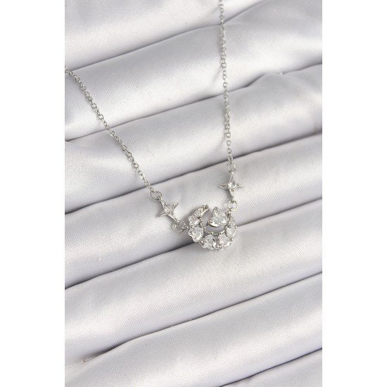 316L Çelik Gümüş Renk Zirkon Taşlı Hilal Kalp Model Kadın Kolye