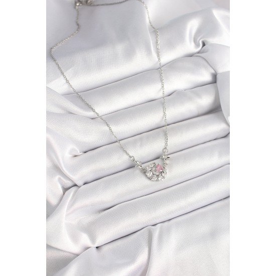 316L Çelik Gümüş Renk Zirkon Taşlı Hilal Pembe Kalp Model Kadın Kolye