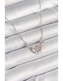 316L Çelik Gümüş Renk Zirkon Taşlı Hilal Pembe Kalp Model Kadın Kolye