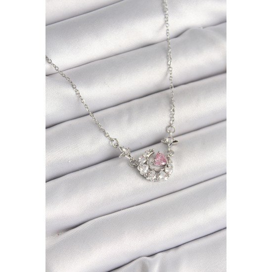 316L Çelik Gümüş Renk Zirkon Taşlı Hilal Pembe Kalp Model Kadın Kolye