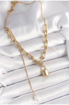 316L Çelik Gold Renk Tifany Zincir Model Kilit Figür Sallantı İnci Detay Kadın Kolye