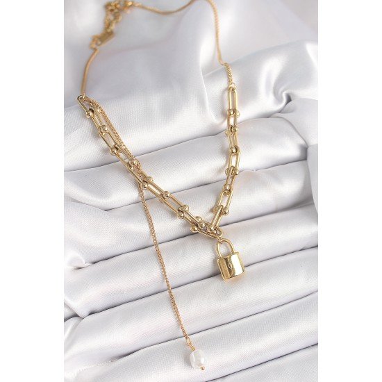 316L Çelik Gold Renk Tifany Zincir Model Kilit Figür Sallantı İnci Detay Kadın Kolye