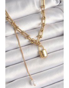 316L Çelik Gold Renk Tifany Zincir Model Kilit Figür Sallantı İnci Detay Kadın Kolye