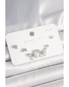 925 Ayar Gümüş Çivi Pirinç Gümüş Renk Zirkon Taşlı Kelebek Model Kadın Küpe Seti