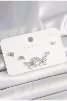 925 Ayar Gümüş Çivi Pirinç Gümüş Renk Zirkon Taşlı Kelebek Model Kadın Küpe Seti