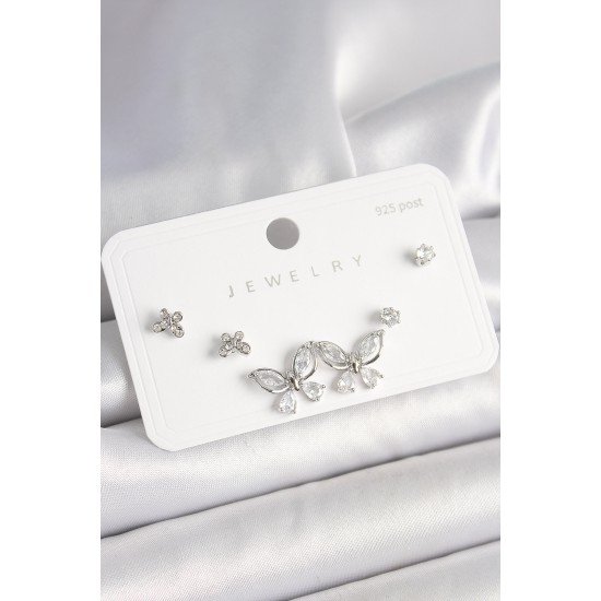 925 Ayar Gümüş Çivi Pirinç Gümüş Renk Zirkon Taşlı Kelebek Model Kadın Küpe Seti 925 Ayar Gümüş Çivi Pirinç Gümüş Renk Zirkon Taşlı Kelebek Model Kadın Küpe Seti