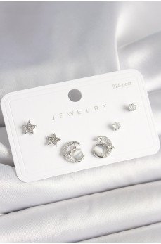 925 Ayar Gümüş Çivi Zirkon Taşlı Hilal Yıldız Model Kadın Küpe Seti