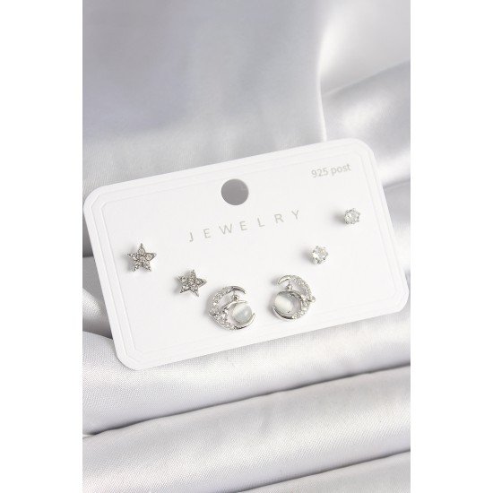 925 Ayar Gümüş Çivi Zirkon Taşlı Hilal Yıldız Model Kadın Küpe Seti 925 Ayar Gümüş Çivi Zirkon Taşlı Hilal Yıldız Model Kadın Küpe Seti