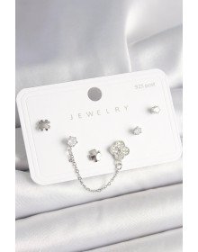 925 Ayar Gümüş Çivi Pirinç Gümüş Renk Zirkon Taşlı Yonca Model Sallantı Zincir Detay Kadın Küpe Seti
