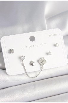 925 Ayar Gümüş Çivi Pirinç Gümüş Renk Zirkon Taşlı Yonca Model Sallantı Zincir Detay Kadın Küpe Seti