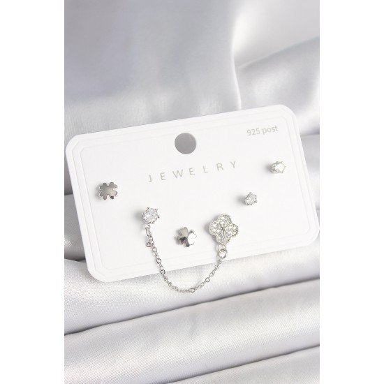 925 Ayar Gümüş Çivi Pirinç Gümüş Renk Zirkon Taşlı Yonca Model Sallantı Zincir Detay Kadın Küpe Seti 925 Ayar Gümüş Çivi Pirinç Gümüş Renk Zirkon Taşlı Yonca Model Sallantı Zincir Detay Kadın Küpe Seti