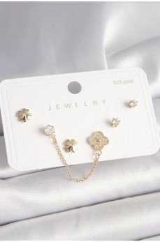 925 Ayar Gümüş Çivi Pirinç Gold Renk Zirkon Taşlı Yonca Model Sallantı Zincir Detay Kadın Küpe Seti