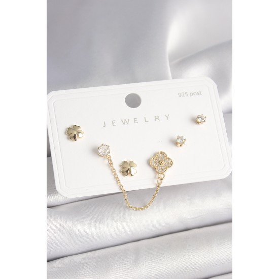 925 Ayar Gümüş Çivi Pirinç Gold Renk Zirkon Taşlı Yonca Model Sallantı Zincir Detay Kadın Küpe Seti 925 Ayar Gümüş Çivi Pirinç Gold Renk Zirkon Taşlı Yonca Model Sallantı Zincir Detay Kadın Küpe Seti