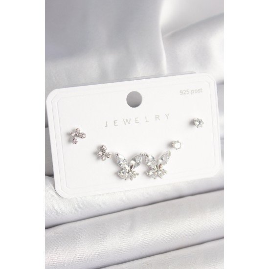 925 Ayar Gümüş Çivi Pirinç Zirkon Taşlı Kelebek Model Kadın Küpe Seti 925 Ayar Gümüş Çivi Pirinç Zirkon Taşlı Kelebek Model Kadın Küpe Seti