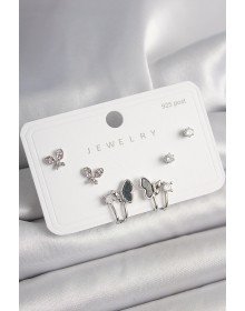 925 Ayar Gümüş Çivi Pirinç Gümüş Renk Zirkon Taşlı Kelebek Model Kadın Küpe Seti