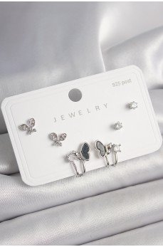 925 Ayar Gümüş Çivi Pirinç Gümüş Renk Zirkon Taşlı Kelebek Model Kadın Küpe Seti