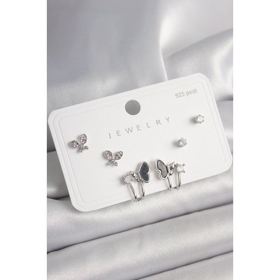 925 Ayar Gümüş Çivi Pirinç Gümüş Renk Zirkon Taşlı Kelebek Model Kadın Küpe Seti 925 Ayar Gümüş Çivi Pirinç Gümüş Renk Zirkon Taşlı Kelebek Model Kadın Küpe Seti