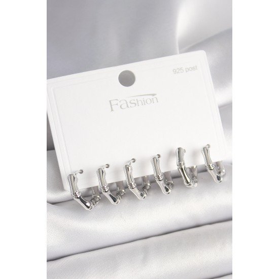 925 Ayar Gümüş Çivi Pirinç Gümüş Renk Bambu Halka Model Kadın Küpe Seti