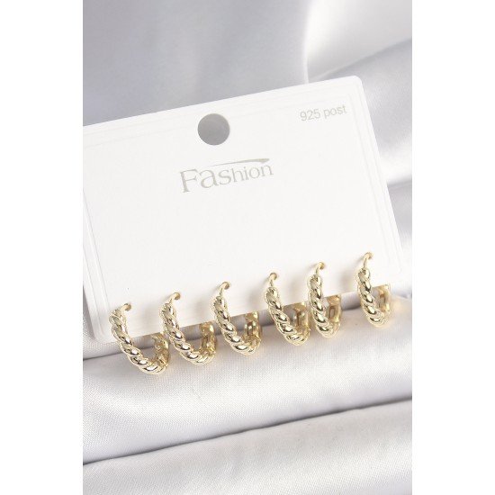 925 Ayar Gümüş Çivi Pirinç Gold Renk Sarmal Halka Model Kadın Küpe Seti