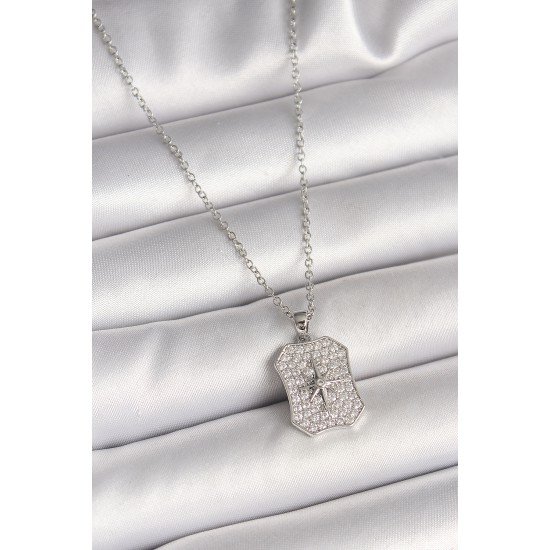 316L Çelik Gümüş Renk Zincir Zirkon Taşlı Kutup Yıldız İşlemeli Madalyon Model Kadın Kolye