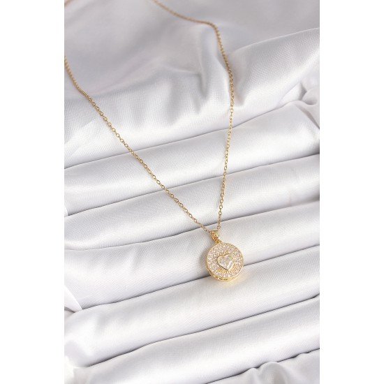 316L Çelik Gold Renk Zincir Madalyon Zirkon Taşlı Kalp Model Kadın Kolye